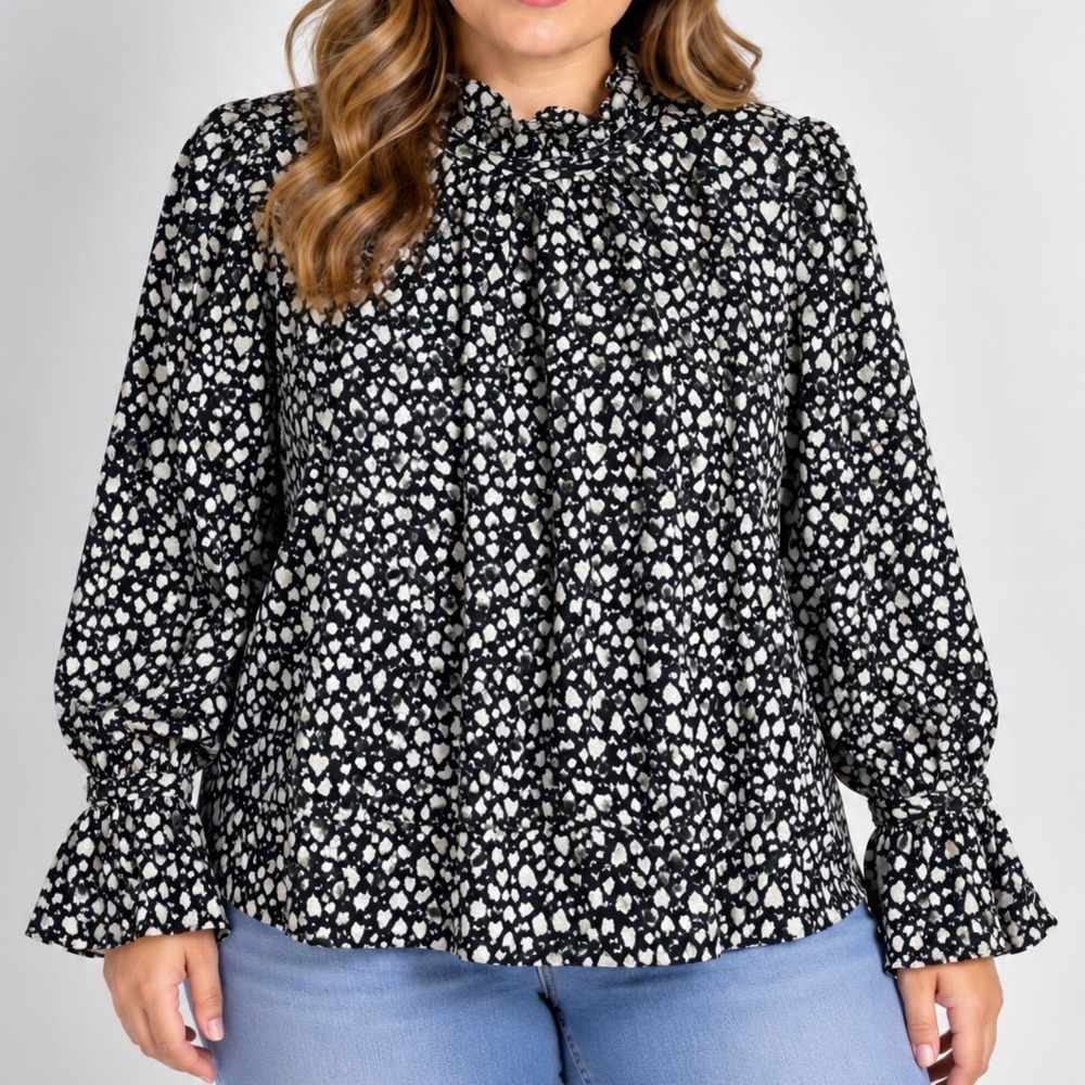 Black White Abstract Print Blouse Medium Ruffle Neck Bell Sleeve Ruched Back